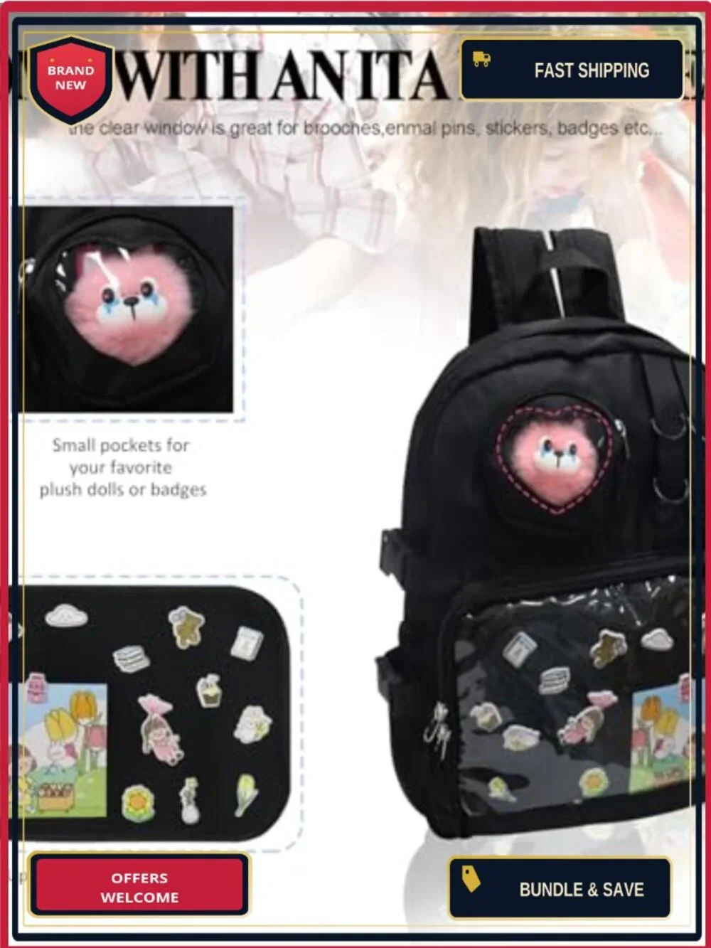 Nylon PVC Clear Window Backpack with Pin Display for School Travel Hiking